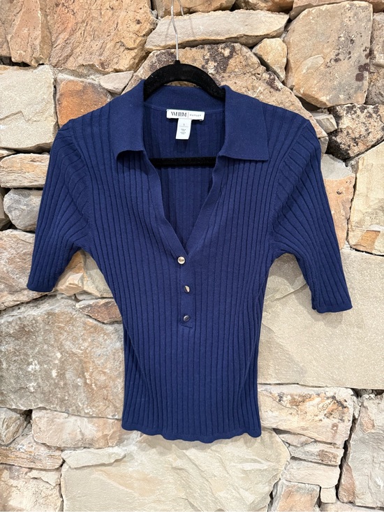 White House Black Market Sweaters - White House Black Market Navy Ribbed Short-Sleeve Polo Top